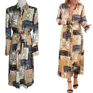 J. McLaughlin Mallory Silk Equestrian Printed Tie Waist Midi Dress  Shirtdress S